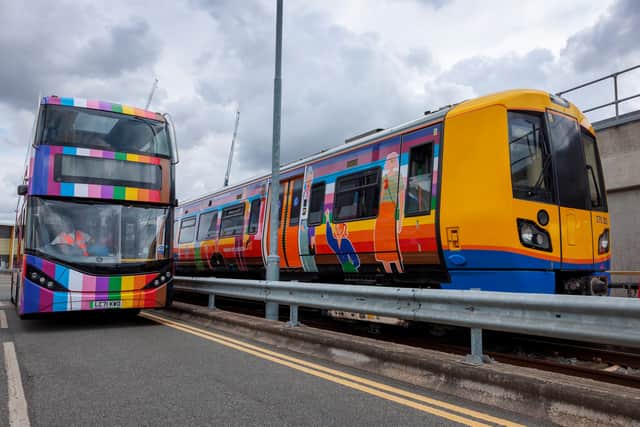TfL’s rainbow wrapped bus and train. Credit: TfL