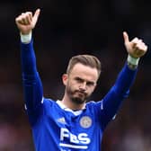 James Maddison of Leicester City acknowledges the fans prior to the Premier League match (Photo by Clive Rose/Getty Images)