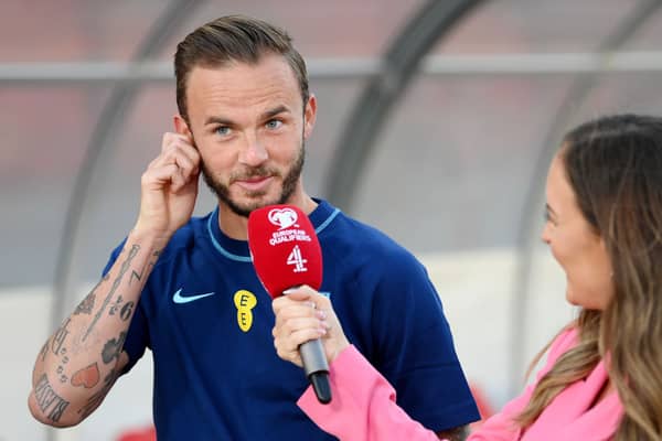 : James Maddison of England is interviewed prior to the UEFA EURO 2024 qualifying round group C match (Photo by Mike Hewitt/Getty Images)