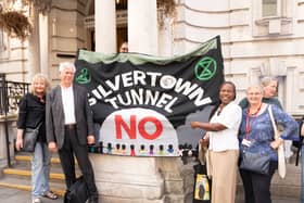 Councillors and campaigners stood outside Greenwich town hall, including Cllr Majella Anning (r), who proposed the motion. Credit: Karin Tearle.