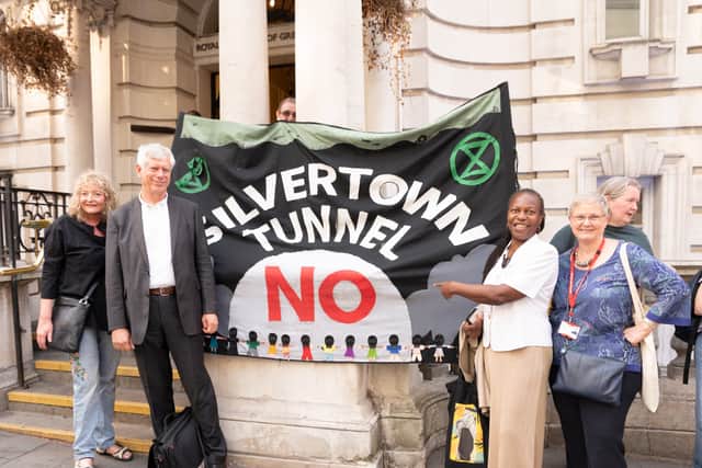 Councillors and campaigners stood outside Greenwich town hall, including Cllr Majella Anning (r), who proposed the motion. Credit: Karin Tearle.
