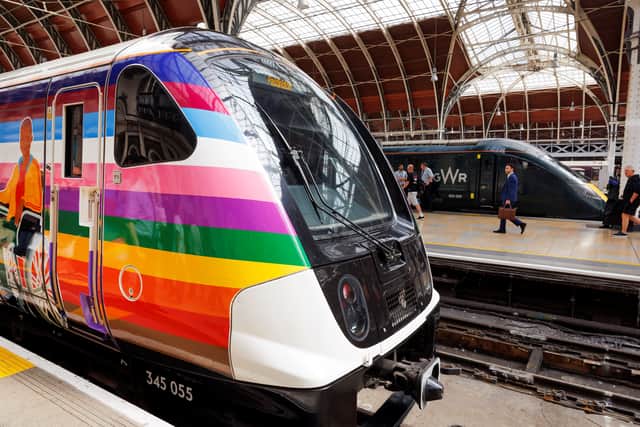 The Elizabeth line has been wrapped in rainbow colours for Pride. Credit: TfL