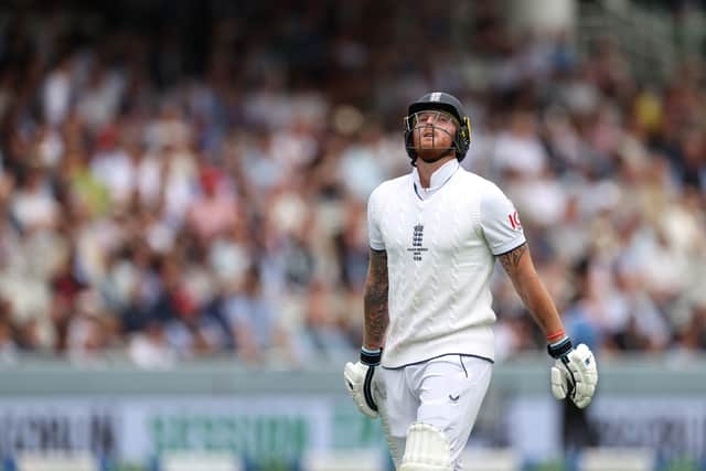 Ben Stokes of England looks dejected after being dismissed by Mitchell Starc of Australia during Day Three of the LV= Insurance Ashes 2nd Test match between England and Australia at Lord's Cricket Ground on June 30, 2023 in London, England. (Photo by Ryan Pierse/Getty Images)