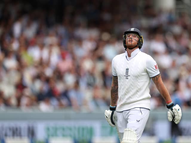 Ben Stokes of England looks dejected after being dismissed by Mitchell Starc of Australia during Day Three of the LV= Insurance Ashes 2nd Test match between England and Australia at Lord's Cricket Ground on June 30, 2023 in London, England. (Photo by Ryan Pierse/Getty Images)