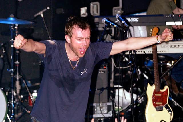 Blur lead singer Damon Albarn at the Bowery Ballroom in New York City in 2003. (Photo by Scott Gries/Getty Images)