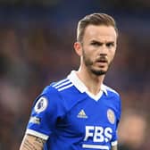 James Maddison of Leicester City looks on during the Premier League match between Leicester City and Liverpool FC  (Photo by Michael Regan/Getty Images)