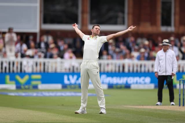 Josh Hazlewood of Australia celebrates after taking the wicket of Ben Stokes of England during Day Five of the LV= Insurance Ashes 2nd Test match between England and Australia at Lord's Cricket Ground on July 2, 2023 in London, England. (Photo by Ryan Pierse/Getty Images)