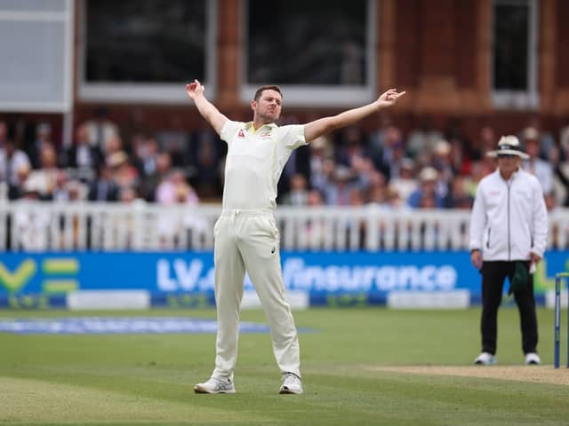  Josh Hazlewood of Australia celebrates after taking the wicket of Ben Stokes of England during Day Five of the LV= Insurance Ashes 2nd Test match between England and Australia at Lord's Cricket Ground on July 2, 2023 in London, England. (Photo by Ryan Pierse/Getty Images)
