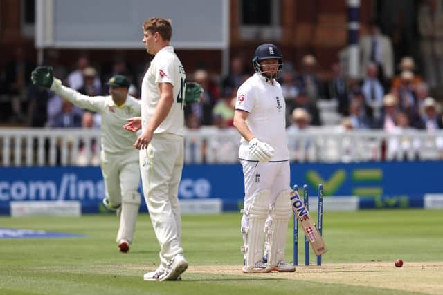 Alex Carey of Australia stumps Jonny Bairstow of England off the bowling of Cameron Green of Australia during Day Five of the LV= Insurance Ashes 2nd Test match between England and Australia at Lord's Cricket Ground on July 2, 2023 in London, England. (Photo by Ryan Pierse/Getty Images)