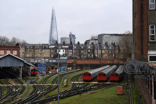London Underground trains at the Bakerloo line depot. (Photo credit should read JUSTIN TALLIS/AFP via Getty Images)