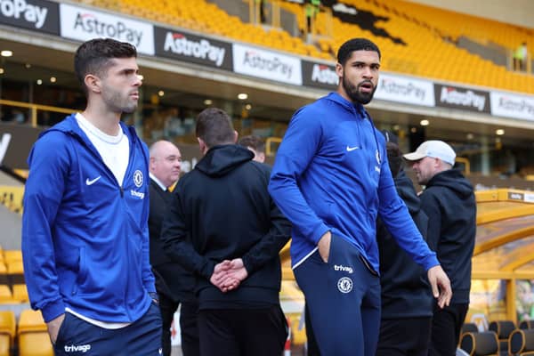 Ruben Loftus-Cheek and Christian Pulisic of Chelsea walk out to inspect the pitch prior to (Photo by Eddie Keogh/Getty Images)