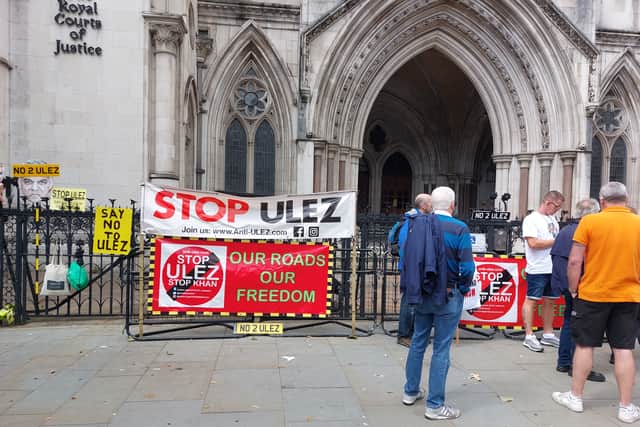 Protesters outside the High Court for the final day of the judicial review into the ULEZ expansion. Credit: Ben Lynch.
