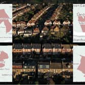 An aerial view shows residential housing in London, where neighbourhoods have seen massive average house price rises. (Photo by DANIEL LEAL/AFP via Getty Images/Flourish)