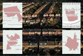 An aerial view shows residential housing in London, where neighbourhoods have seen massive average house price rises. (Photo by DANIEL LEAL/AFP via Getty Images/Flourish)