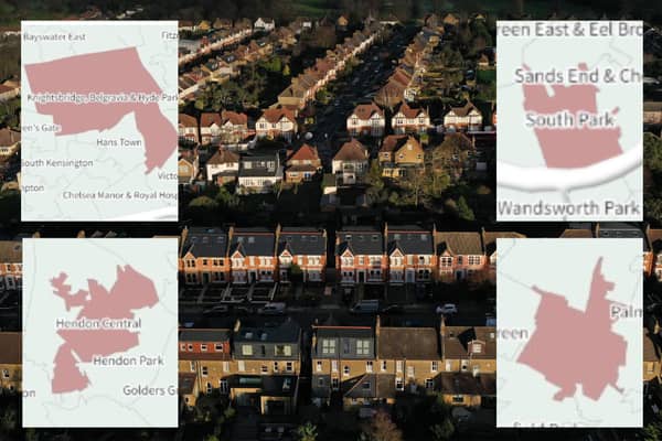 An aerial view shows residential housing in London, where neighbourhoods have seen massive average house price rises. (Photo by DANIEL LEAL/AFP via Getty Images/Flourish)