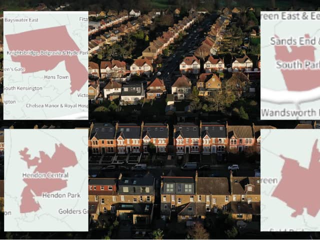 An aerial view shows residential housing in London, where neighbourhoods have seen massive average house price rises. (Photo by DANIEL LEAL/AFP via Getty Images/Flourish)