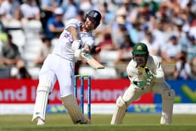 LEEDS, ENGLAND - JULY 07: England captain Ben Stokes hits out for six runs watched by Australia wicketkeeper Alex Carey during Day Two of the LV= Insurance Ashes 3rd Test Match between England and Australia at Headingley on July 07, 2023 in Leeds, England. (Photo by Stu Forster/Getty Images)
