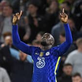 Chelsea’s Belgian striker Romelu Lukaku celebrates after scoring their third goal during the English Premier League football match  (Photo by OLI SCARFF/AFP via Getty Images)