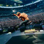 Graham Coxon with Blur at Wembley Stadium. (Photo by Phoebe Fox)
