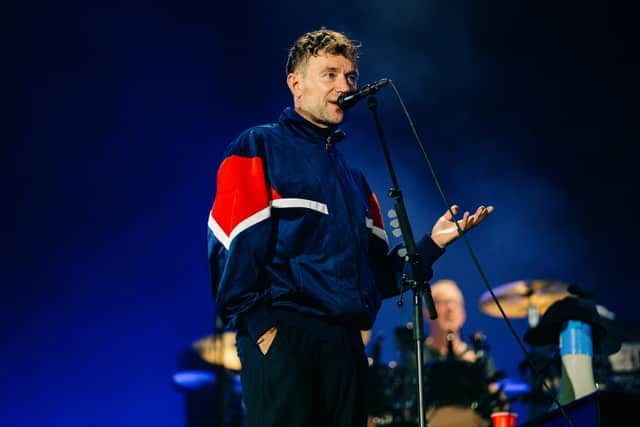 Damon Albarn with Blur at Wembley Stadium. (Photo by Phoebe Fox)