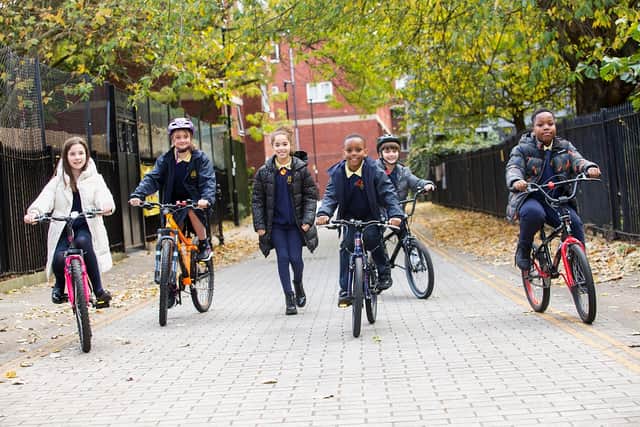 Islington schoolchildren cycling down their school street. Credit: Islington Council.