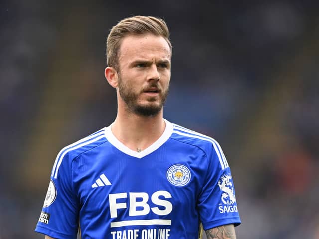 James Maddison of Leicester looks on during the Premier League match between Leicester City  (Photo by Michael Regan/Getty Images)