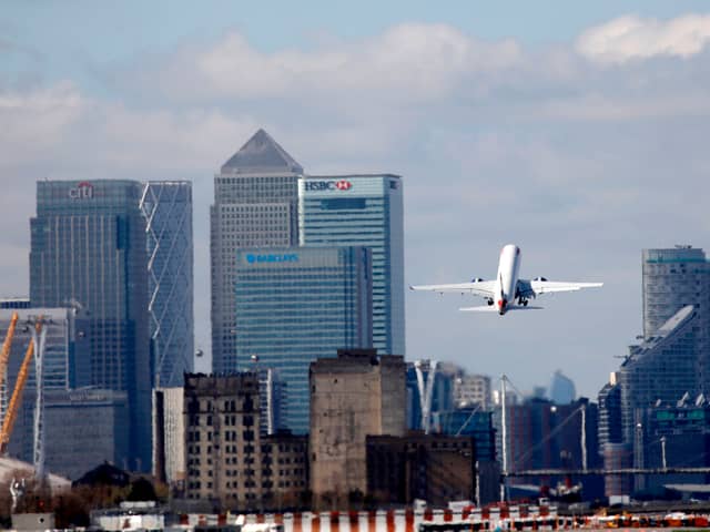 A British Airways plane takes off from London City Airport, in east London. Credit: Tolga Akman/AFP via Getty Images.