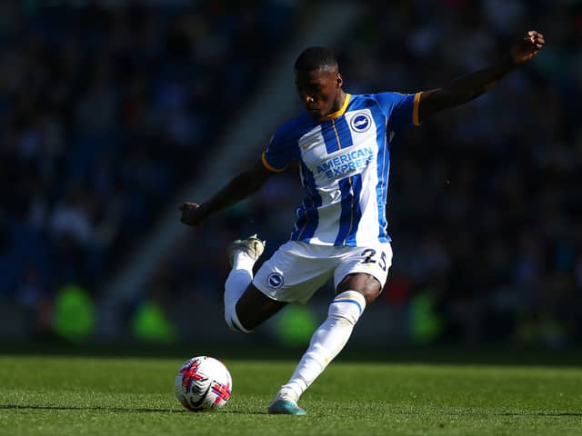  Moises Caicedo of Brighton lines up a shot during the Premier League match (Photo by Charlie Crowhurst/Getty Images)