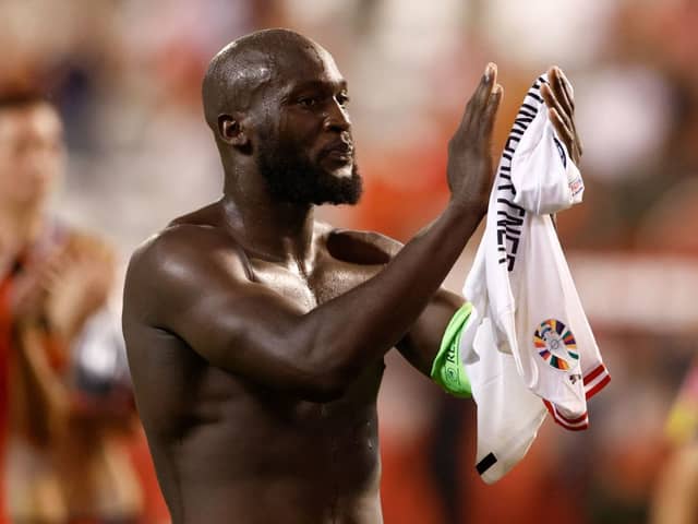 Belgium’s forward Romelu Lukaku gestures at the end of the UEFA Euro 2024 group F qualification football match (Photo by KENZO TRIBOUILLARD/AFP via Getty Images)