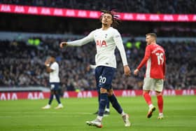 Dele Alli of Tottenham Hotspur reacts during the Emirates FA Cup Third Round match (Photo by Alex Davidson/Getty Images)