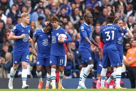  Raheem Sterling of Chelsea celebrates after scoring the team's first goal during the Premier League match (Photo by Julian Finney/Getty Images)