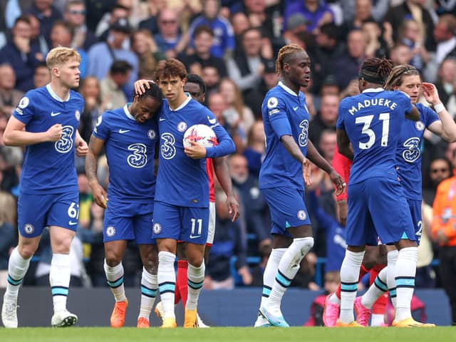  Raheem Sterling of Chelsea celebrates after scoring the team's first goal during the Premier League match (Photo by Julian Finney/Getty Images)