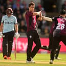 Matt Henry of Somerset celebrates the wicket of Jason Roy of Surrey with team mate Tom Abell during the Vitality Blast T20 Semi-Final 2 match between Somerset and Surrey at Edgbaston on July 15, 2023 in Birmingham, England. (Photo by Harry Trump/Getty Images)