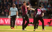 Matt Henry of Somerset celebrates the wicket of Jason Roy of Surrey with team mate Tom Abell during the Vitality Blast T20 Semi-Final 2 match between Somerset and Surrey at Edgbaston on July 15, 2023 in Birmingham, England. (Photo by Harry Trump/Getty Images)