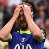 Tottenham Hotspur's English striker Harry Kane reacts after missing a chance during the English Premier League football match  (Photo by OLI SCARFF/AFP via Getty Images)