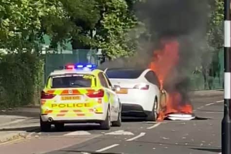 The flaming Tesla that self-combusted on a residential street in London. (Photo by Eugenio Mereu / SWNS)