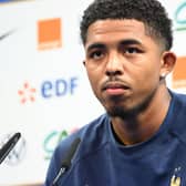 French defender Wesley Fofana gives a press conference during the preparation of the French squad (Photo by BERTRAND GUAY/AFP via Getty Images)