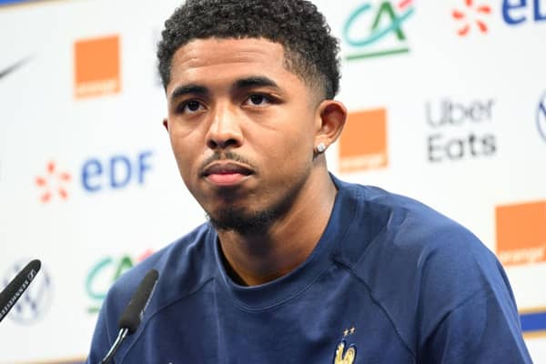 French defender Wesley Fofana gives a press conference during the preparation of the French squad (Photo by BERTRAND GUAY/AFP via Getty Images)