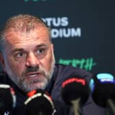 Tottenham Hotspurs’ manager Ange Postecoglou speaks during a press conference in Perth on July 17, 2023 (Photo by TREVOR COLLENS/AFP via Getty Images)