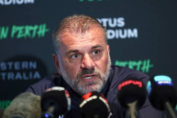 Tottenham Hotspurs’ manager Ange Postecoglou speaks during a press conference in Perth on July 17, 2023 (Photo by TREVOR COLLENS/AFP via Getty Images)