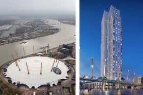 An aerial view of the O2 when it was the Dome, and an artist’s impression of the 36-storey building which could be built by the O2 Arena in Greenwich. (Pictures by Lifschutz Davidson Sandilands/Crosstree/Tom Shaw/Getty Images)