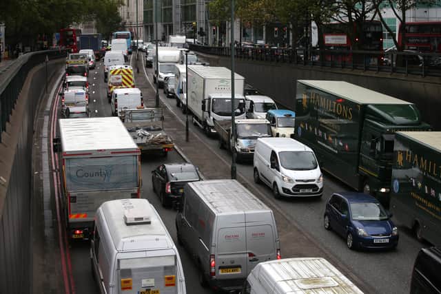 Vehicles wait in a traffic jam in central London. Credit: Daniel Leal/AFP via Getty Images.