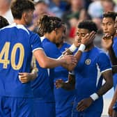 Ian Maatsen #38 of Chelsea FC celebrates with teammates after a goal against Wrexham  (Photo by Grant Halverson/Getty Images)