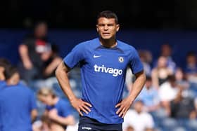 Thiago Silva of Chelsea looks on during the warm up prior to the Premier League match  (Photo by Warren Little/Getty Images)