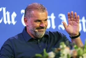 Ange Postecoglou acknowledges attendees after talking on stage at Crown Perth on July 19, 2023 in Perth (Photo by Paul Kane/Getty Images)