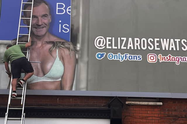 Global Witness has repurposed the billboards previously used to advertise model Eliza Rose Watson’s OnlyFans account. Credit: Global Witness.