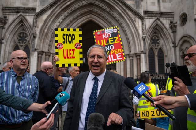 Simon Fawthrop, Conservative councillor for Petts Wood and Knoll and an anti-ULEZ expansion campaigner, speaks to the media outside the High Court the ULEZ expansion ruling. (Photo by Carl Court/Getty Images)