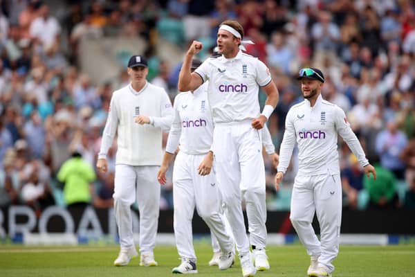 Stuart Broad of England celebrates taking the wicket of Travis Head of Australia during Day Two of the LV= Insurance Ashes 5th Test Match between England and Australia at The Kia Oval on July 28, 2023 in London, England. (Photo by Ryan Pierse/Getty Images)