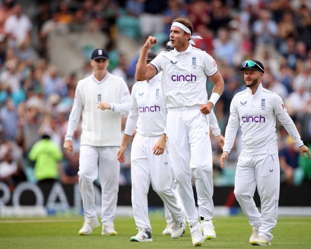 Stuart Broad of England celebrates taking the wicket of Travis Head of Australia during Day Two of the LV= Insurance Ashes 5th Test Match between England and Australia at The Kia Oval on July 28, 2023 in London, England. (Photo by Ryan Pierse/Getty Images)