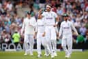 Stuart Broad of England celebrates taking the wicket of Travis Head of Australia during Day Two of the LV= Insurance Ashes 5th Test Match between England and Australia at The Kia Oval on July 28, 2023 in London, England. (Photo by Ryan Pierse/Getty Images)
